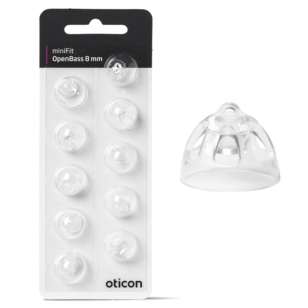 A pack of 10 clear, dome-shaped Oticon miniFit OpenBass 8mm hearing aid ear tips, with one ear tip displayed separately beside the packaging.